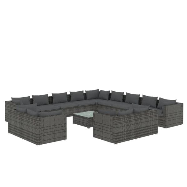 vidaXL Salon de jardin 14 pcs avec coussins Gris R&eacute;sine tress&eacute;e