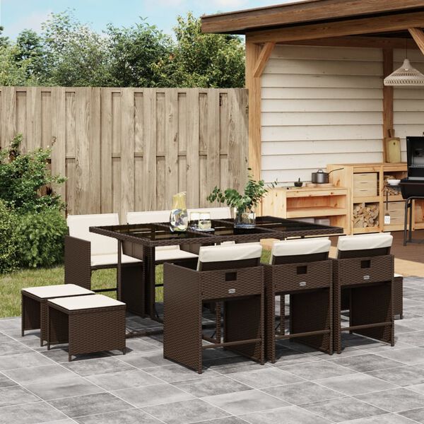 vidaXL Ensemble &agrave; manger de jardin et coussins 11 pcs marron rotin