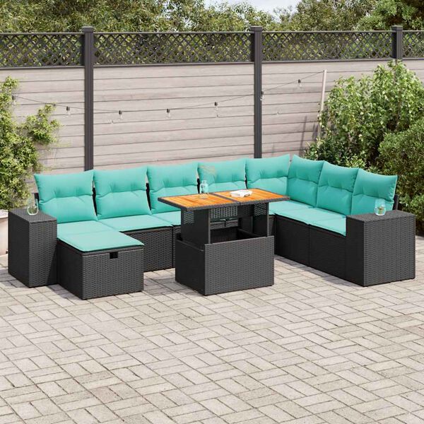 vidaXL Salon de jardin avec coussins 9 pcs noir r&eacute;sine tress&eacute;e acacia