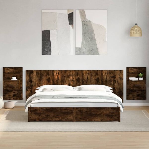 vidaXL T&ecirc;te de lit avec armoires ch&ecirc;ne fum&eacute; 240 cm bois d'ing&eacute;nierie