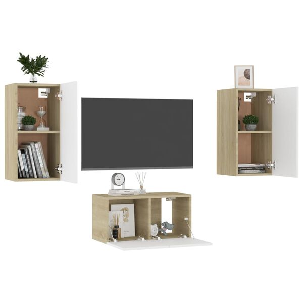 vidaXL Ensemble de meubles TV 3 pcs Blanc et ch&ecirc;ne sonoma