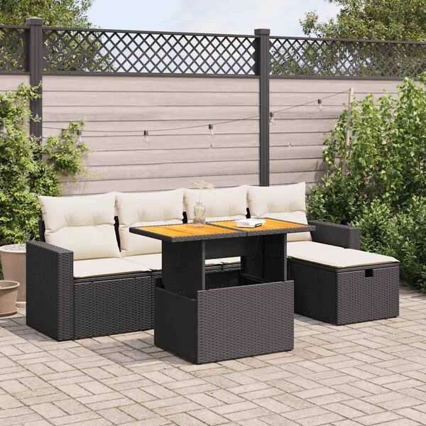 vidaXL Salon de jardin 6 pcs avec coussins noir r&eacute;sine tress&eacute;e acacia