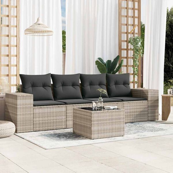 vidaXL Salon de jardin 5 pcs avec coussins gris clair r&eacute;sine tress&eacute;e