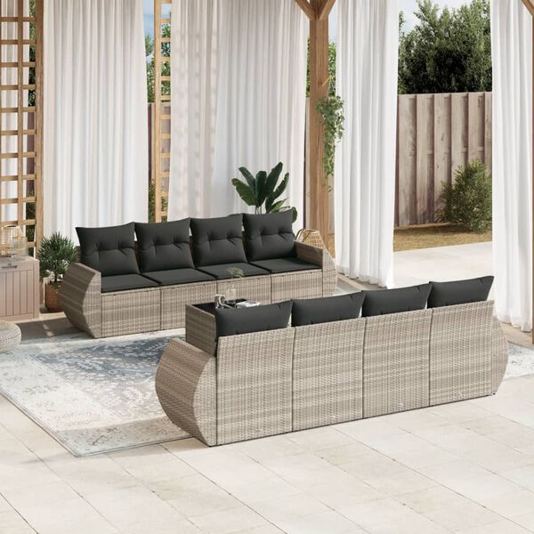vidaXL Salon de jardin 9 pcs avec coussins gris clair r&eacute;sine tress&eacute;e