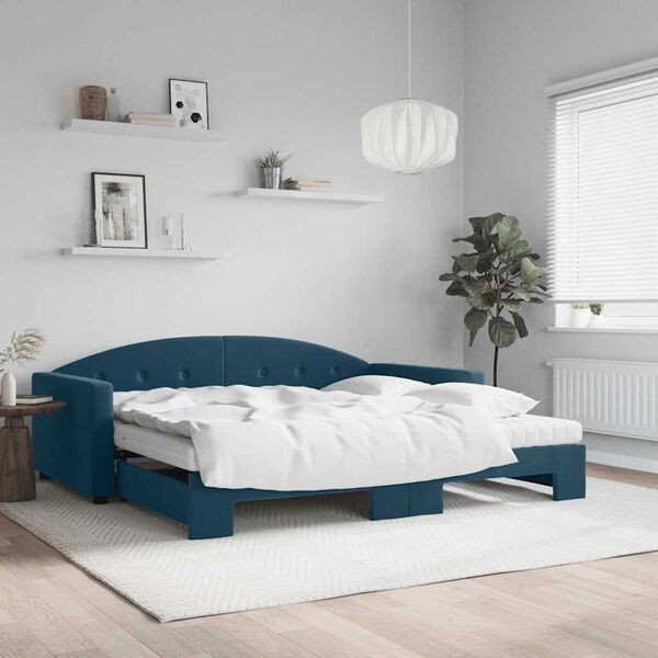 vidaXL Lit de jour avec lit gigogne et matelas bleu 100x200 cm velours