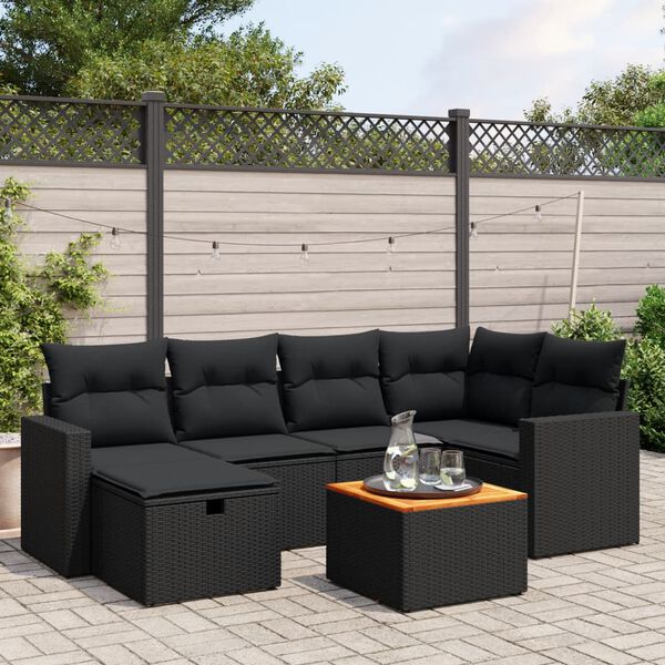 vidaXL Salon de jardin 7 pcs avec coussins noir résine tressée