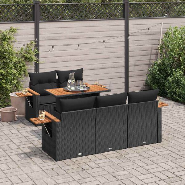 vidaXL Salon de jardin 6 pcs avec coussins noir résine tressée acacia