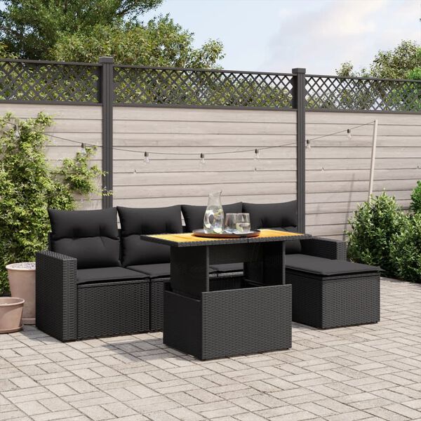 vidaXL Salon de jardin 6 pcs avec coussins noir r&eacute;sine tress&eacute;e