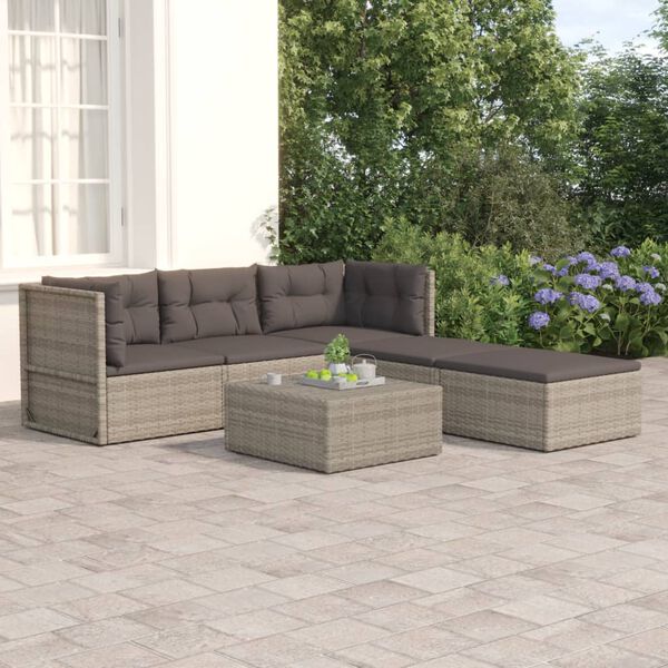 vidaXL Salon de jardin 5 pcs avec coussins Gris R&eacute;sine tress&eacute;e