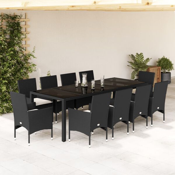 vidaXL Ensemble &agrave; manger de jardin et coussins 11 pcs noir rotin verre