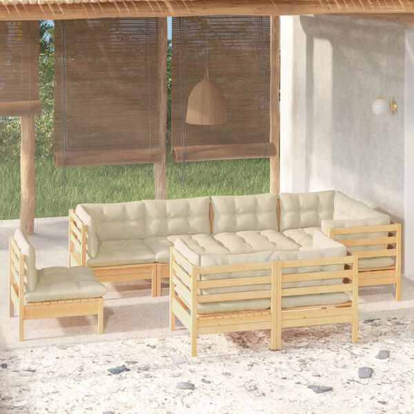 vidaXL Salon de jardin 8 pcs avec coussins cr&egrave;me Bois de pin massif