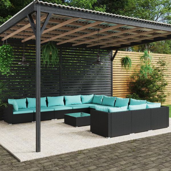 vidaXL Salon de jardin 12 pcs avec coussins R&eacute;sine tress&eacute;e Noir