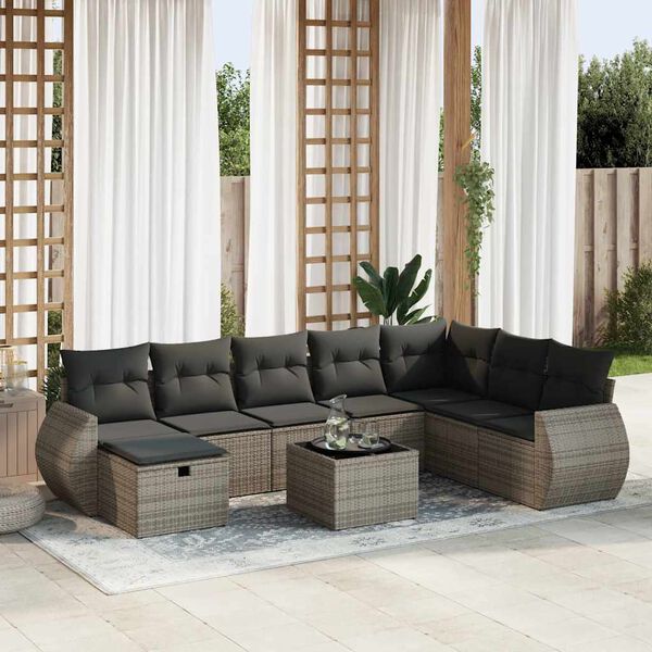 vidaXL Salon de jardin 8 pcs avec coussins gris r&eacute;sine tress&eacute;e