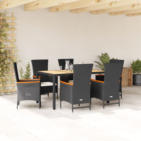 vidaXL Ensemble &agrave; manger de jardin coussins 7pcs Noir R&eacute;sine tress&eacute;e