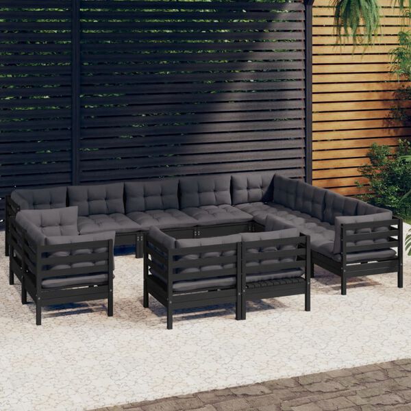 vidaXL Salon de jardin 12 pcs avec coussins Noir Bois de pin solide
