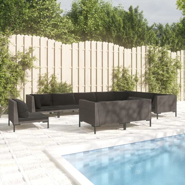 vidaXL Salon de jardin 10 pcs avec coussins R&eacute;sine tress&eacute;e Gris fonc&eacute;