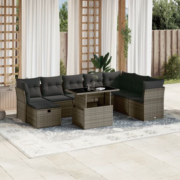 vidaXL Salon de jardin 9 pcs avec coussins gris r&eacute;sine tress&eacute;e