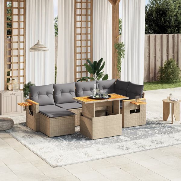 vidaXL Salon de jardin avec coussins 7 pcs beige r&eacute;sine tress&eacute;e