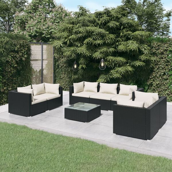 vidaXL Salon de jardin 8 pcs avec coussins R&eacute;sine tress&eacute;e Noir