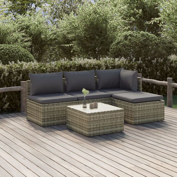 vidaXL Salon de jardin 5 pcs avec coussins Gris Résine tressée