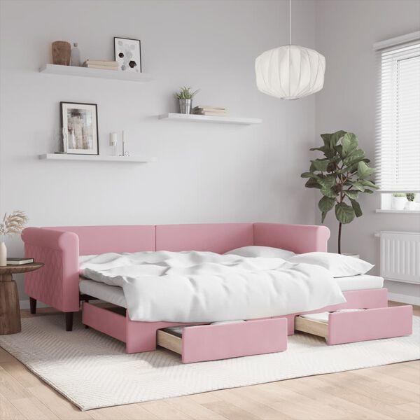 vidaXL Lit de jour avec gigogne et tiroirs sans matelas rose 90x200 cm