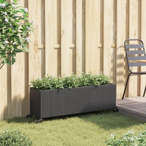 vidaXL Jardini&egrave;re avec roulettes et 3 pots noir 107x32x38 cm rotin