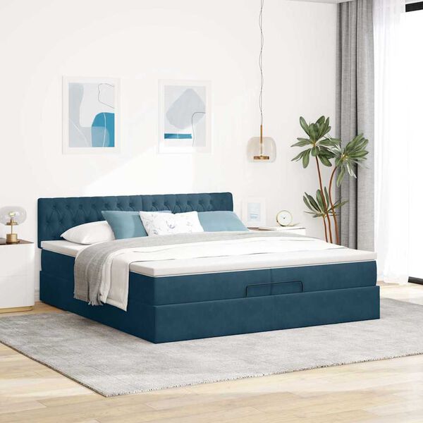 vidaXL Cadre de lit ottoman avec matelas bleu fonc&eacute; 200x200 cm velours