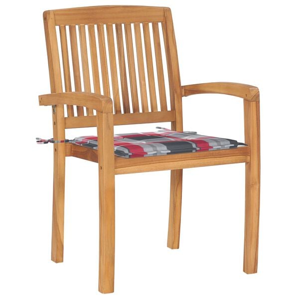 vidaXL Chaises de jardin lot de 2 avec coussins à carreaux rouges Teck