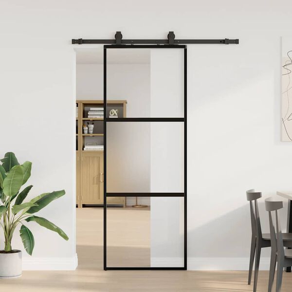 vidaXL Porte coulissante kit quincaillerie noir 76x205 cm verre tremp&eacute;