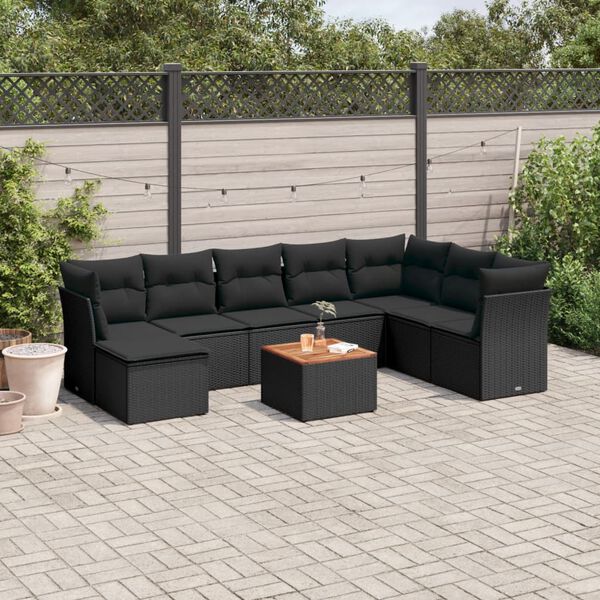 vidaXL Salon de jardin 9 pcs avec coussins noir r&eacute;sine tress&eacute;e