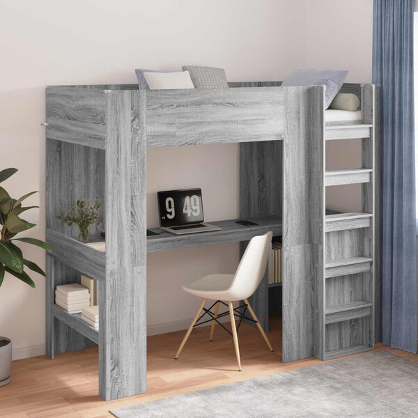 vidaXL Cadre de lit superpos&eacute; avec bureau Gris Sonoma 98,5 x 200 cm