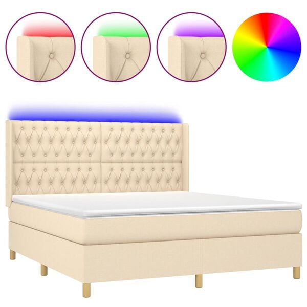 vidaXL Sommier &agrave; lattes de lit matelas et LED Cr&egrave;me 160x200 cm Tissu