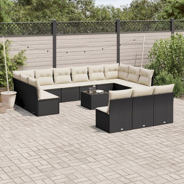 vidaXL Salon de jardin avec coussins 14 pcs noir r&eacute;sine tress&eacute;e