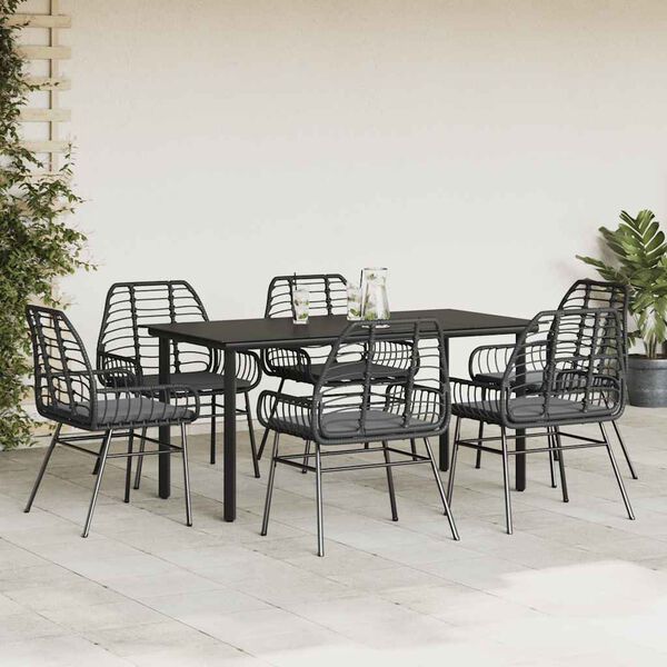 vidaXL Ensemble &agrave; manger de jardin coussins 7pcs noir poly rotin verre