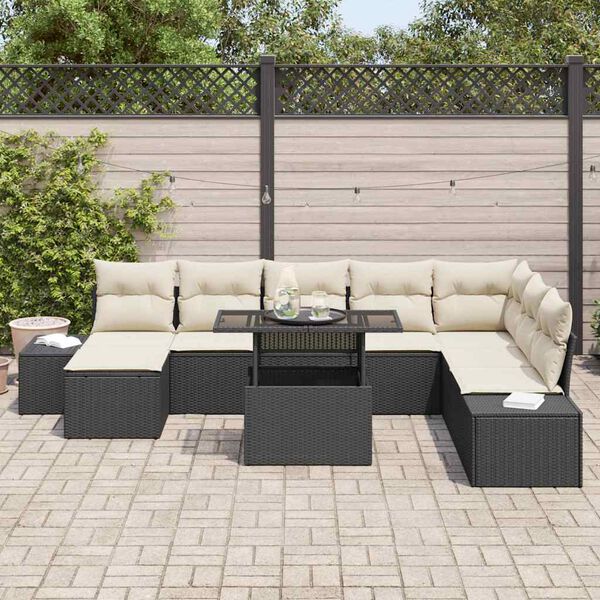 vidaXL Ensemble de canap&eacute; de jardin 9 pcs Noir et Cr&egrave;me polyrotin