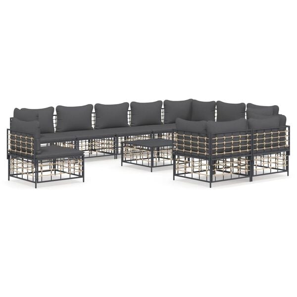 vidaXL Salon de jardin 11 pcs avec coussins anthracite résine tressée