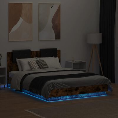 vidaXL Cadre de lit tête de lit et lumières LED chêne fumé 135x190 cm