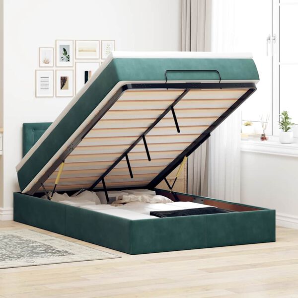 vidaXL Lit ottoman avec matelas et LED vert fonc&eacute; 90x200cm velours