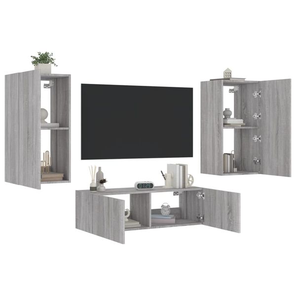 vidaXL Meuble TV muraux 3 pcs avec lumi&egrave;res LED sonoma gris