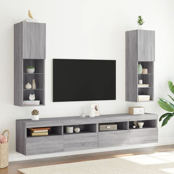 vidaXL Meubles TV avec lumi&egrave;res LED 2 pcs sonoma gris 30,5x30x102 cm