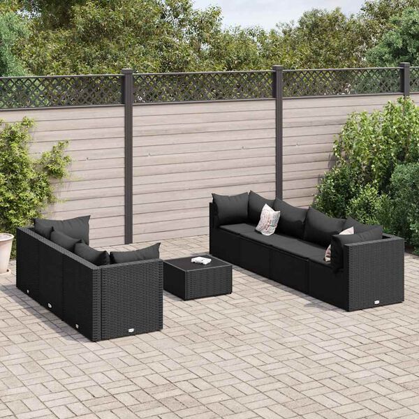 vidaXL Salon de jardin 8 pcs avec coussins noir résine tressée