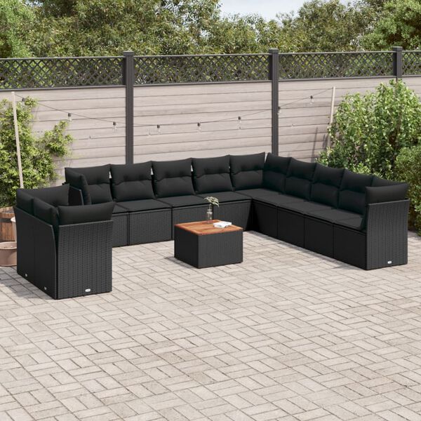 vidaXL Salon de jardin 12 pcs avec coussins noir r&eacute;sine tress&eacute;e