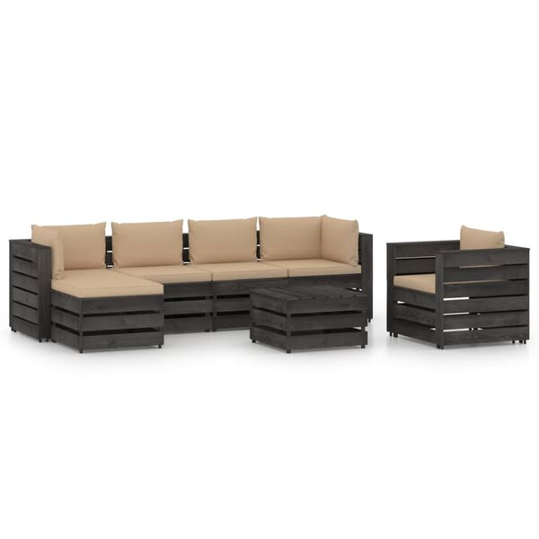 vidaXL Salon de jardin 7 pcs avec coussins gris bois impr&eacute;gn&eacute;