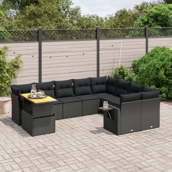 vidaXL Salon de jardin 10 pcs avec coussins noir r&eacute;sine tress&eacute;e