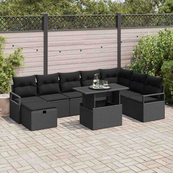vidaXL Ensemble de canap&eacute; de jardin avec coussin 9 pcs Noir Poly rotin