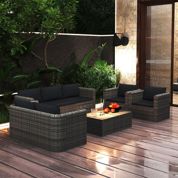 vidaXL Salon de jardin 8 pcs avec coussins r&eacute;sine tress&eacute;e gris