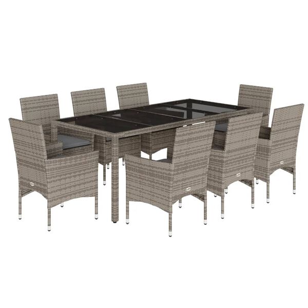 vidaXL Ensemble &agrave; manger de jardin et coussins 9 pcs gris rotin verre
