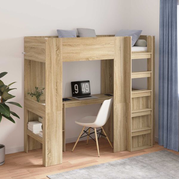 vidaXL Cadre de lit superpos&eacute; avec bureau Ch&ecirc;ne Sonoma 75 x 190 cm