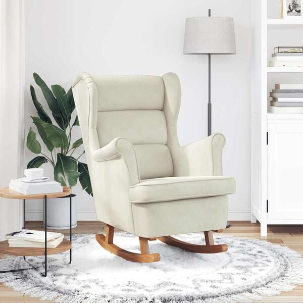 vidaXL Fauteuil &agrave; bascule &agrave; oreilles en velours cr&egrave;me bois massif