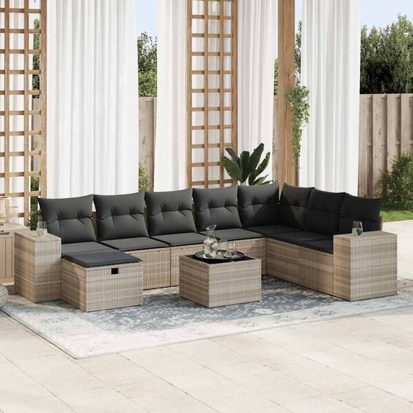 vidaXL Salon de jardin 9 pcs avec coussins gris clair résine tressée